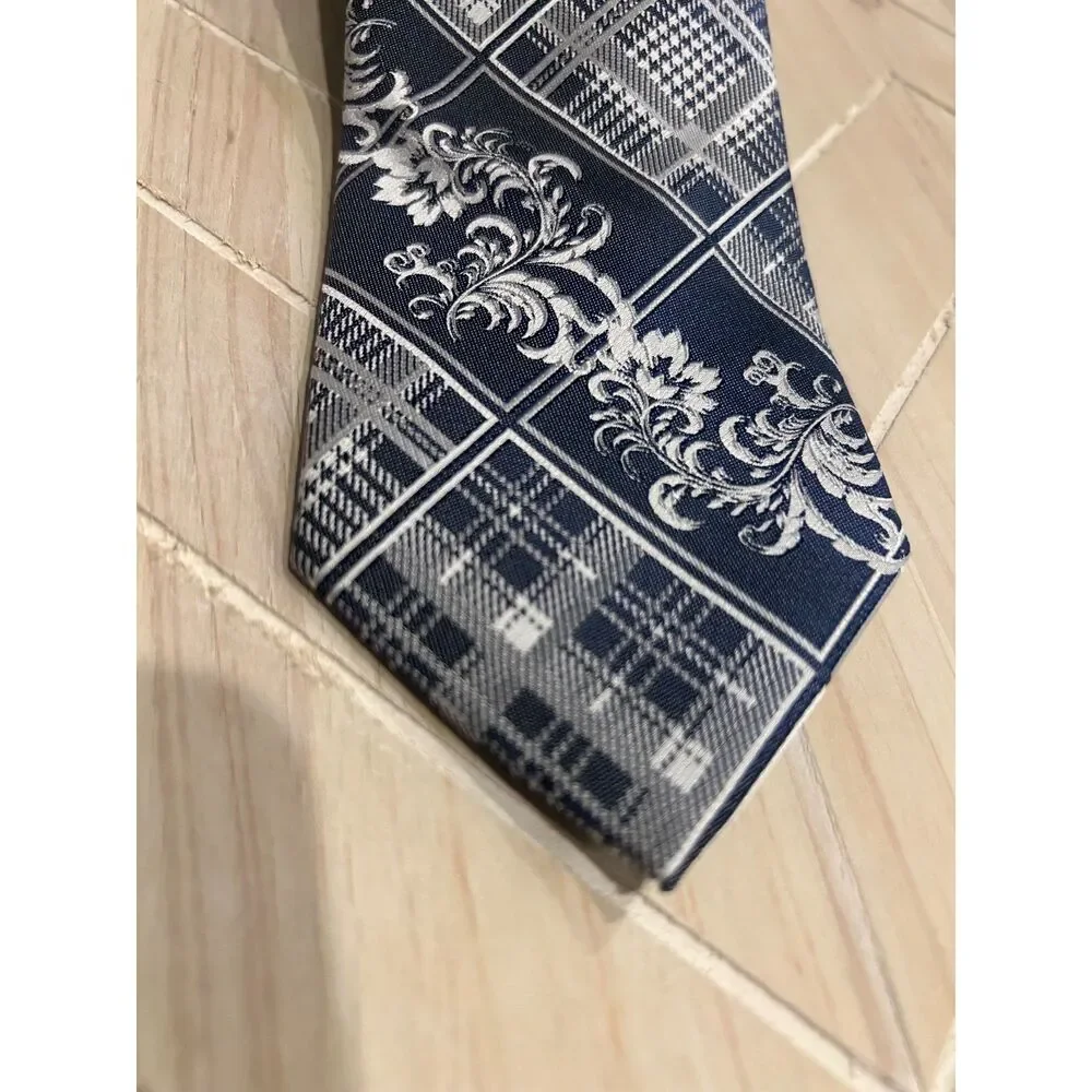 NWT Stacy Adams Tie Navy Blue Silver Gray Plaid Floral Patchwork Formal Men